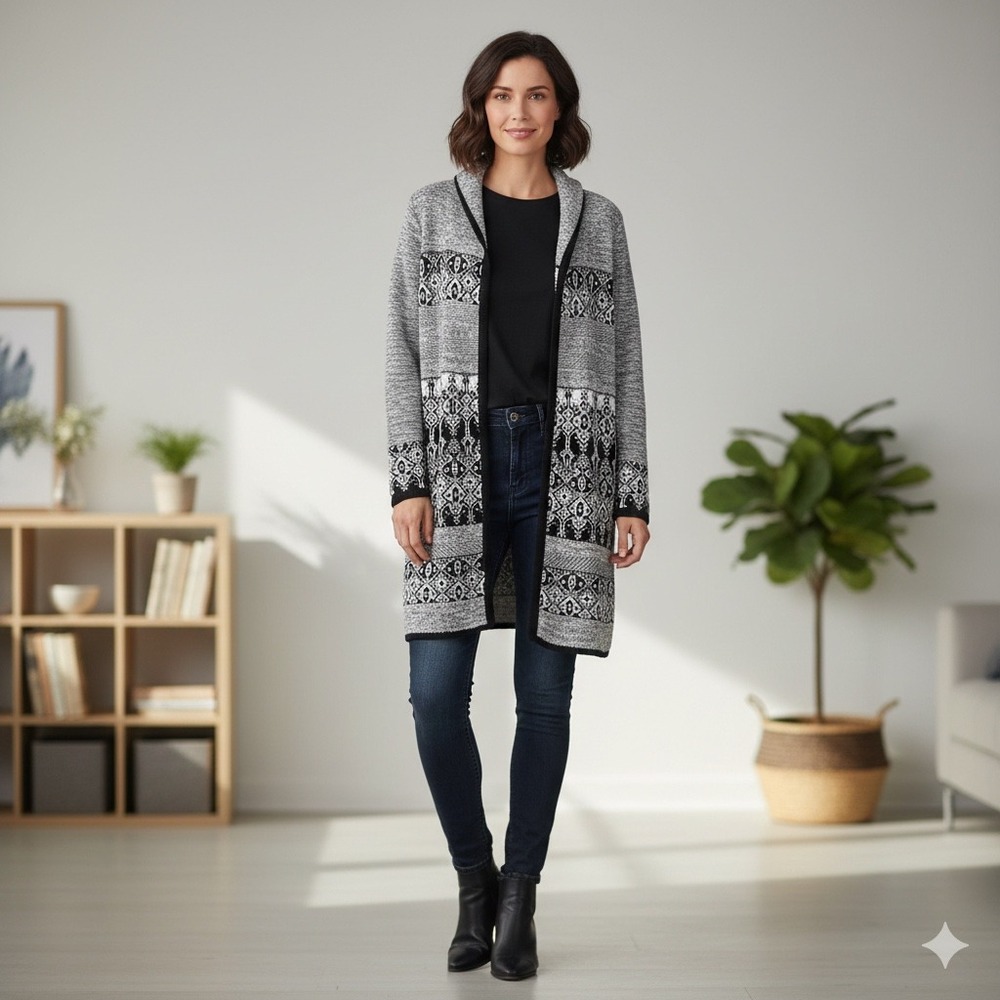 Christopher‎ & Banks Womens Size XL Fair Isle Cardigan Sweater Gray Black Long